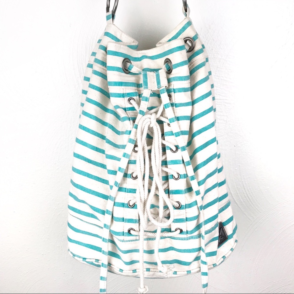 ROXY Boho Drawstring Bag Purse Aqua Striped